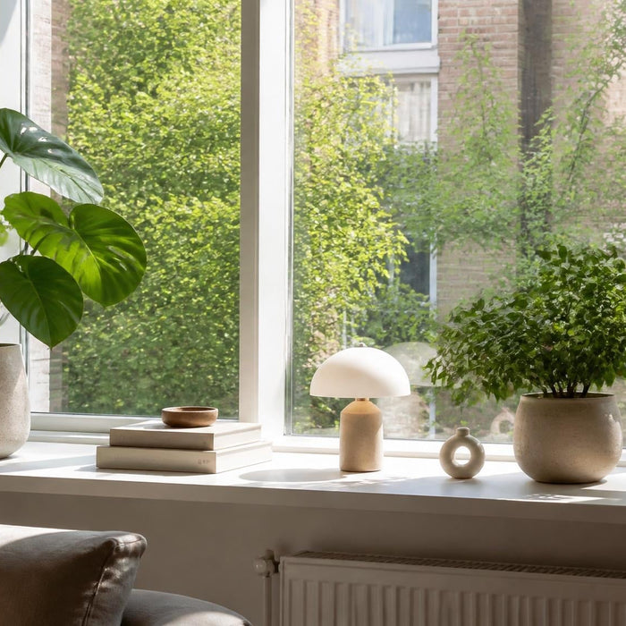 vensterbank decoratie bij groot raam met planten boeken en verlichting
