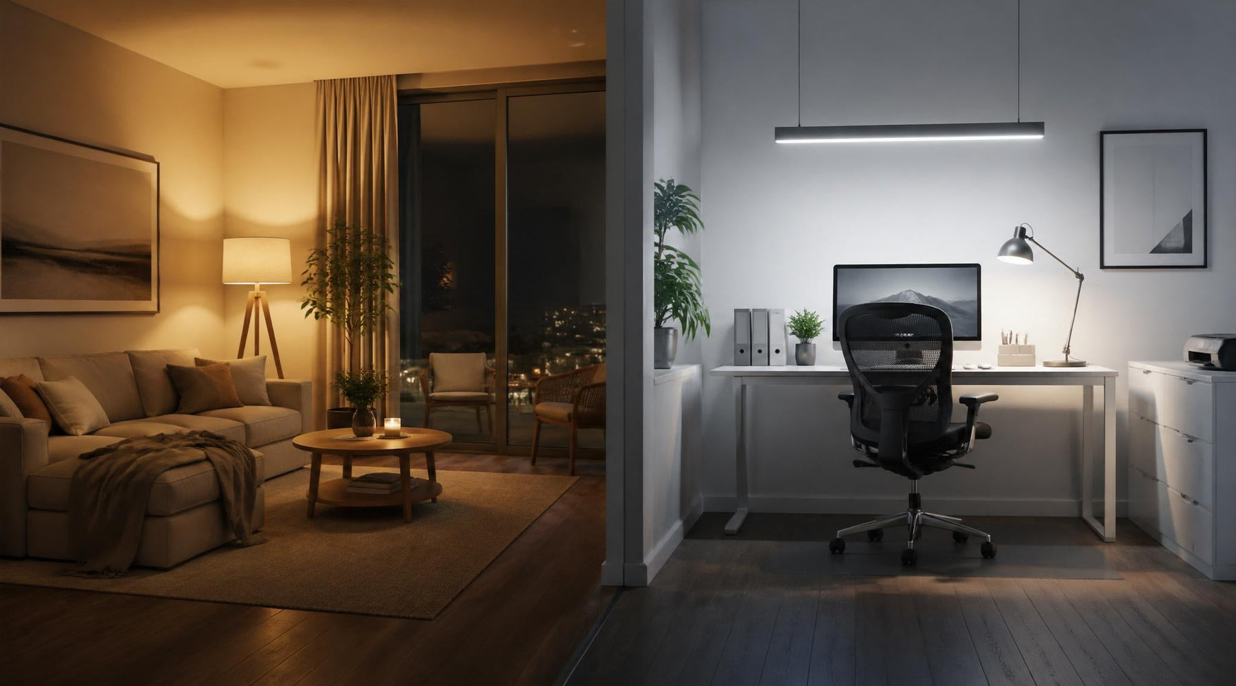 Vergelijking van warme sfeerverlichting in woonkamer en functionele verlichting op werkplek