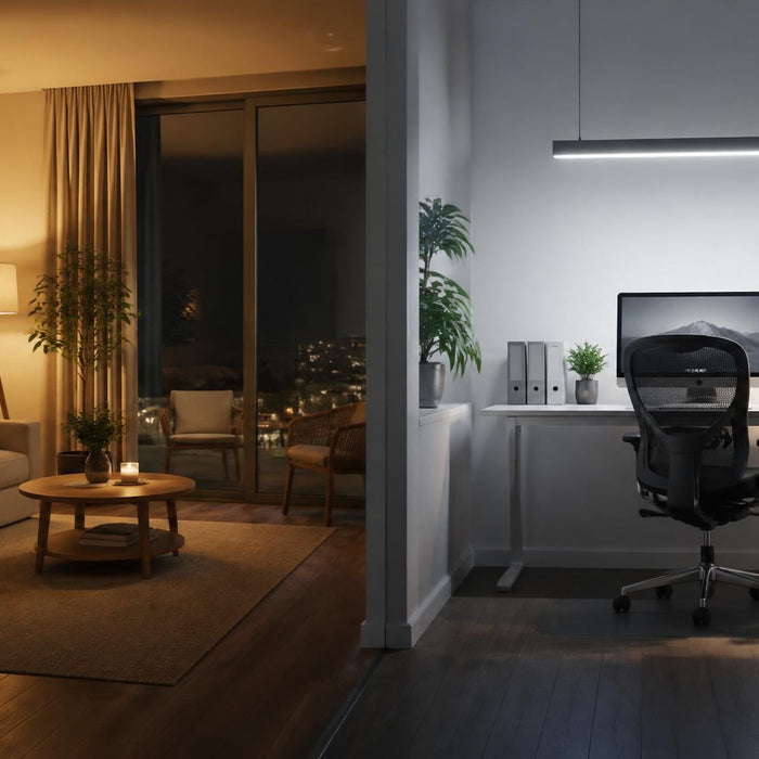 Vergelijking van warme sfeerverlichting in woonkamer en functionele verlichting op werkplek