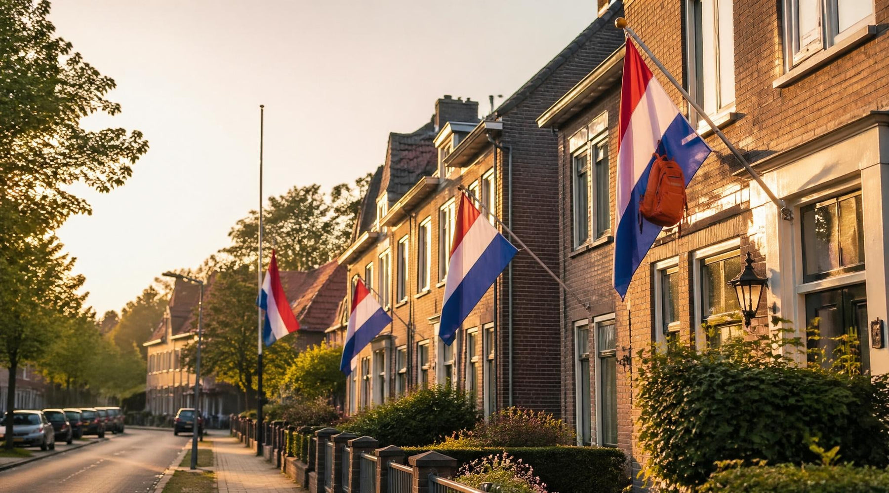 Nederlandse vlag uitgehangen in woonwijk met schooltas en halfstok als voorbeeld van regels en tradities