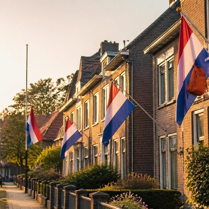Nederlandse vlag uitgehangen in woonwijk met schooltas en halfstok als voorbeeld van regels en tradities