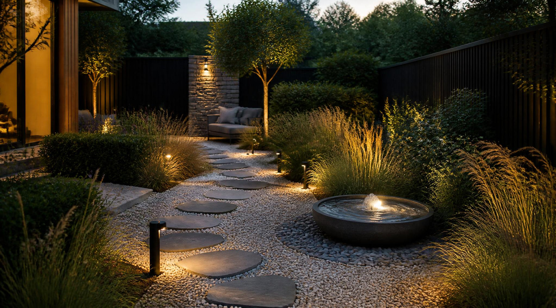 water in de tuin zonder vijver met compacte fontein en natuurlijke beplanting