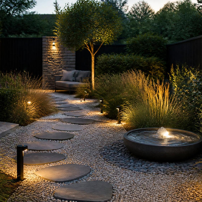 water in de tuin zonder vijver met compacte fontein en natuurlijke beplanting