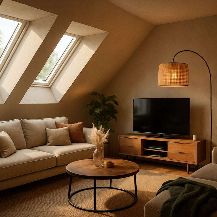 woonkamer met schuine wand of dak