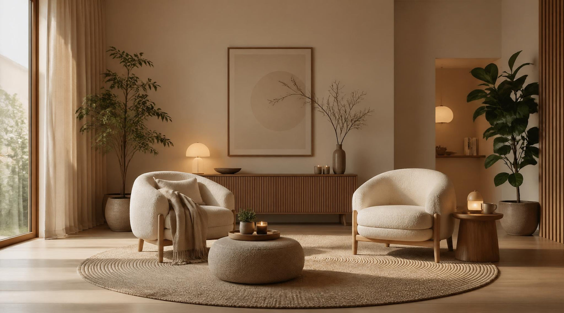 moderne woonkamer zonder bank met fauteuils poef vloerkleed en warme verlichting