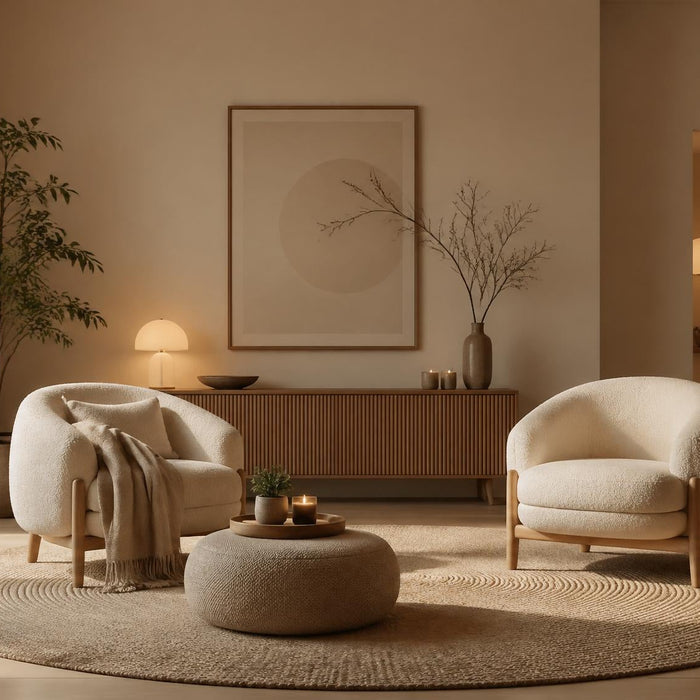 moderne woonkamer zonder bank met fauteuils poef vloerkleed en warme verlichting
