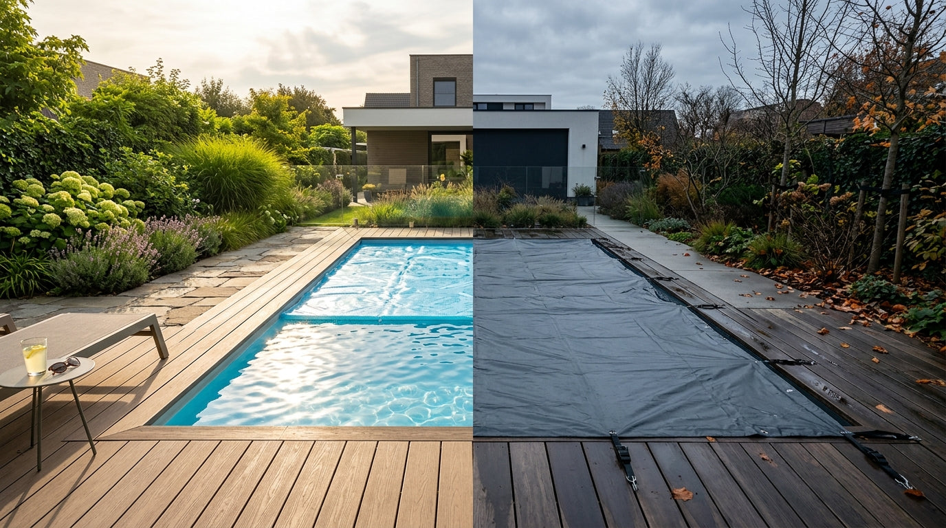 Zwembad met zomer- en winterzeil naast elkaar in moderne tuin