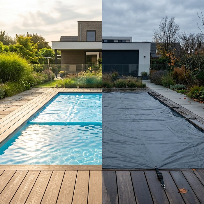 Zwembad met zomer- en winterzeil naast elkaar in moderne tuin