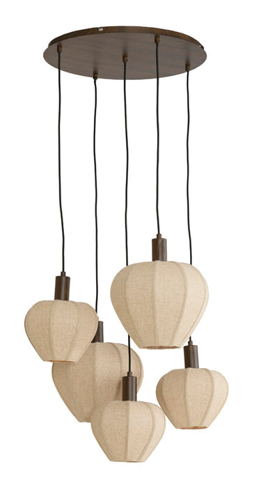 Light & Living Hanglamp Huxi Bruine houtlook en linnen, 5-lamps - Naturel - Rond