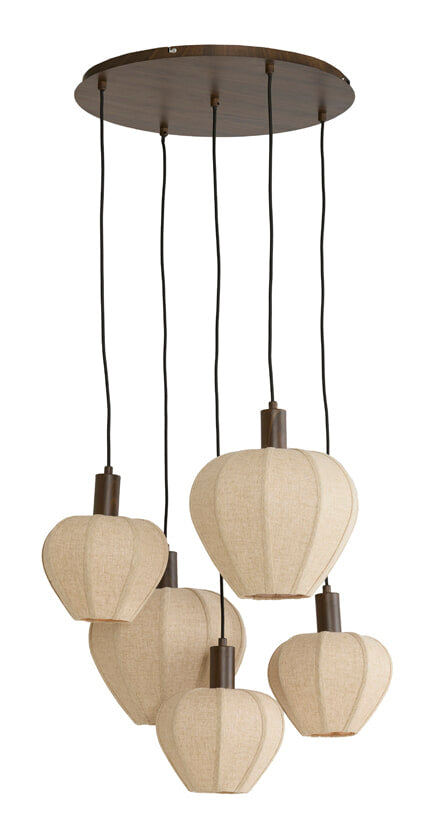 Light & Living Hanglamp Huxi Bruine houtlook en linnen, 5-lamps - Naturel - Rond