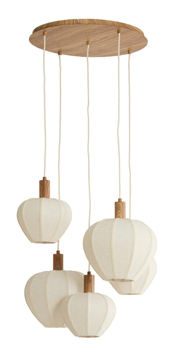 Light & Living Hanglamp Huxi Naturel houtlook en linnen, 5-lamps - Naturel - Rond