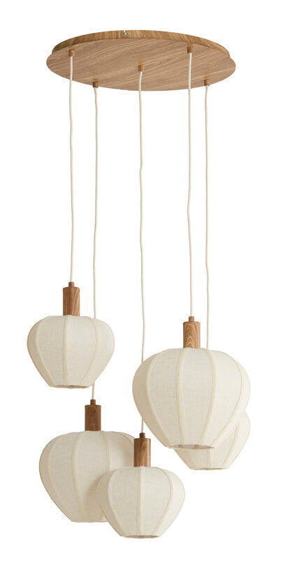 Light & Living Hanglamp Huxi Naturel houtlook en linnen, 5-lamps - Naturel - Rond