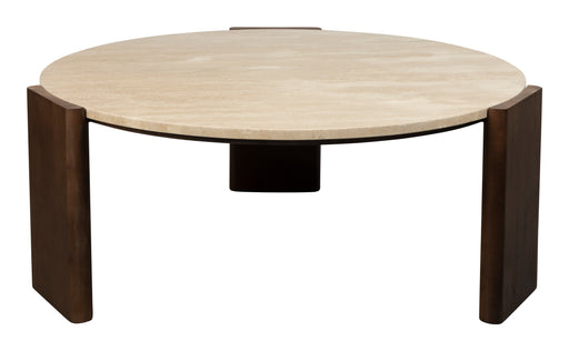 Dutchbone Ronde Salontafel Valcour Travertin en hout, 90cm - Bruin - ThatLyfeStyle