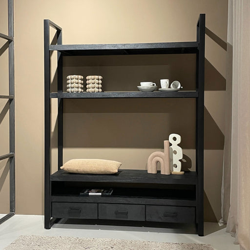 Livingfurn Hoog TV-meubel Norris Mangohout en staal, 150 cm - Zwart - ThatLyfeStyle