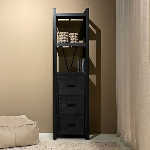 Livingfurn Boekenkast Norris Mangohout en staal, 200 x 55cm - Zwart - ThatLyfeStyle