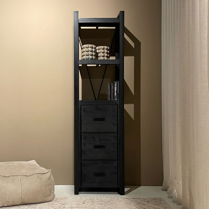 Livingfurn Boekenkast Norris Mangohout en staal, 200 x 55cm - Zwart - ThatLyfeStyle
