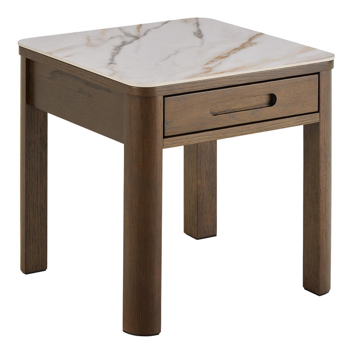 Bendt Bijzettafel Jawana Marmerlook en eikenfineer, 45 x 45cm - Beige - Vierkant - ThatLyfeStyle