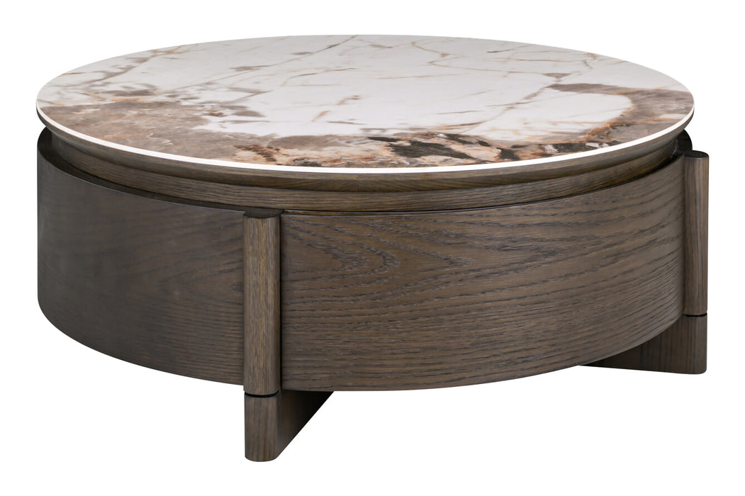 Richmond Ronde Salontafel Langford Marmerlook en eiken, Ø90cm, Met 1 lade - Bruin