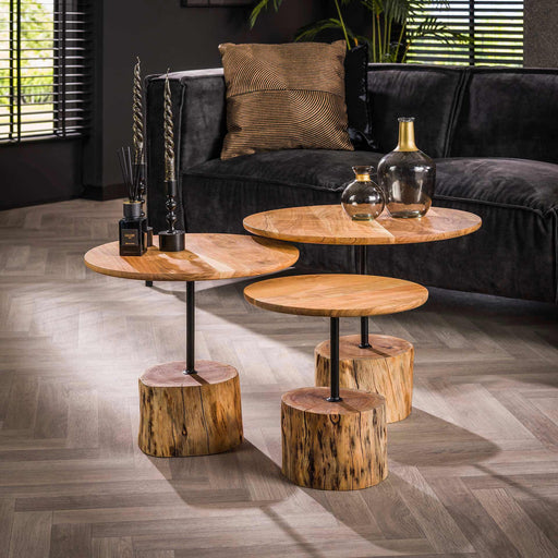 LifestyleFurn Salontafel Charish Acaciahout, Set van 3 stuks - Massief acacia naturel - Rond