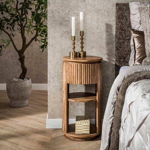 LifestyleFurn Rond Nachtkastje Sharmila Mangohout, Met 1 lade - Massief mango zand