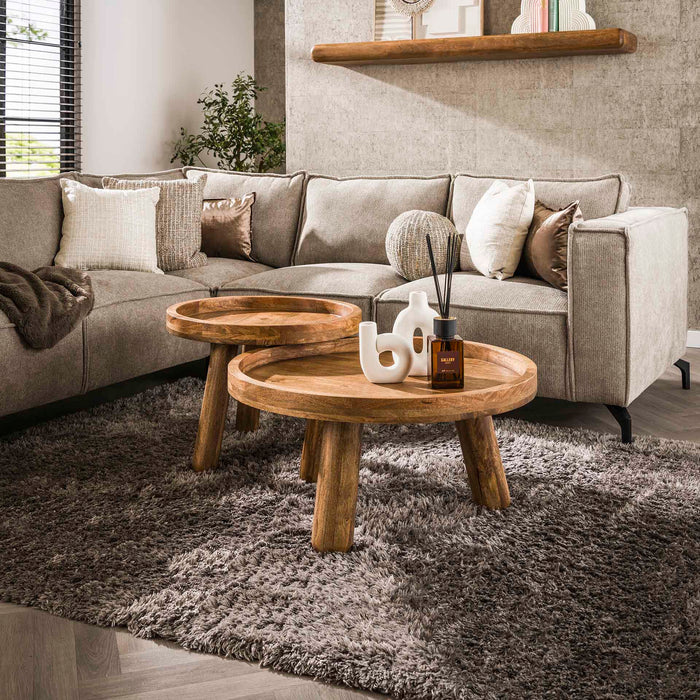 LifestyleFurn Ronde Salontafel Kanda Mangohout, Set van 2 stuks - Massief mango zandkleur