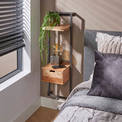 LifestyleFurn Zwevend Nachtkastje Cruz Acaciahout en metaal, Met 1 lade - Bruin,Hout,Naturel
