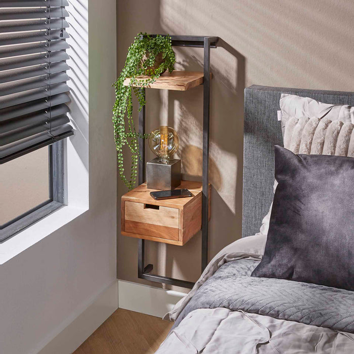 LifestyleFurn Zwevend Nachtkastje Cruz Acaciahout en metaal, Met 1 lade - Bruin,Hout,Naturel