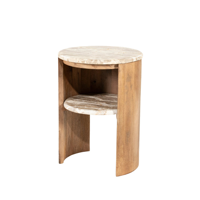 By-Boo Ronde Bijzettafel Marbelon Marmer en mangohout, 40cm - Natuurlijk