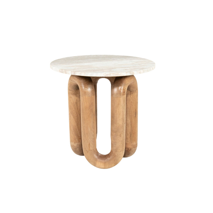 By-Boo Ronde Bijzettafel LoopStone Marmer en mangohout, 52cm - Natuurlijk