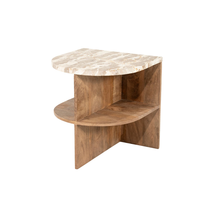 By-Boo Half Ovale Bijzettafel Marwood Marmer en mangohout, 44 x 44cm - Natuurlijk