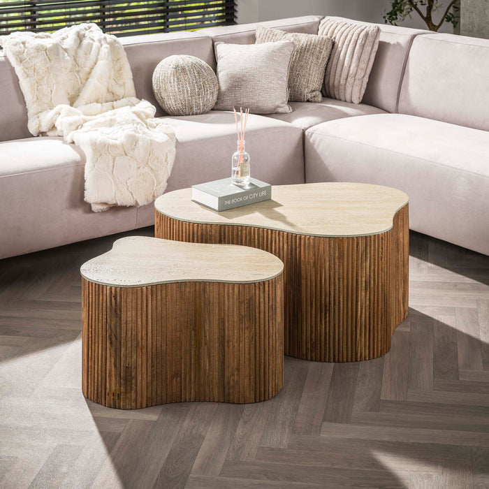 LifestyleFurn Organische Salontafel Beckie Mangohout en Keramiek in Travertin-look, Set van 2 stuks - Bruin