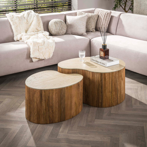 LifestyleFurn Niervormige Salontafel Beckie Mangohout en Keramiek in Travertin-look, Set van 2 stuks - Bruin - Organisch - ThatLyfeStyle