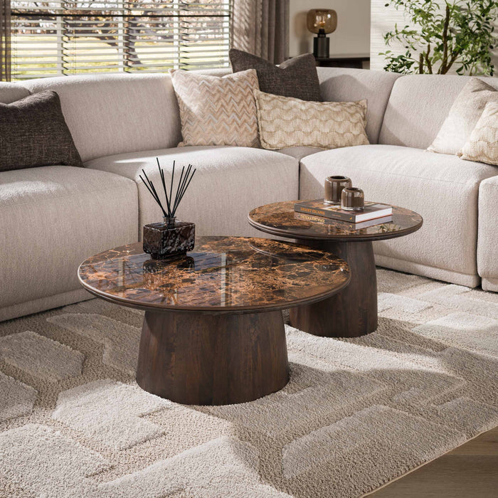 LifestyleFurn Ronde Salontafel Elodie Mangohout en marmerlook, Set van 2 stuks - Bruin