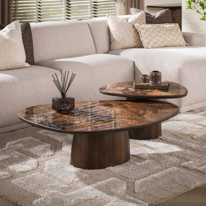 LifestyleFurn Organische Salontafel Elodie Mangohout en marmerlook, Set van 2 stuks - Bruin