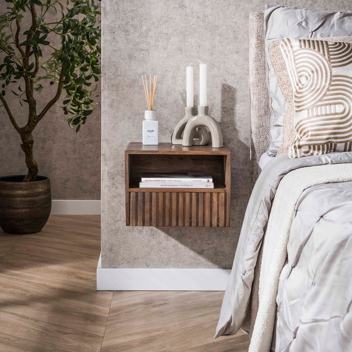 LifestyleFurn Zwevend Nachtkastje Alania Met 1 lade en open vak, Acaciahout - Massief acacia bruin