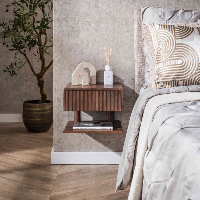 LifestyleFurn Zwevend Nachtkastje Alania Met 1 lade en legplank, Acaciahout - Massief acacia bruin