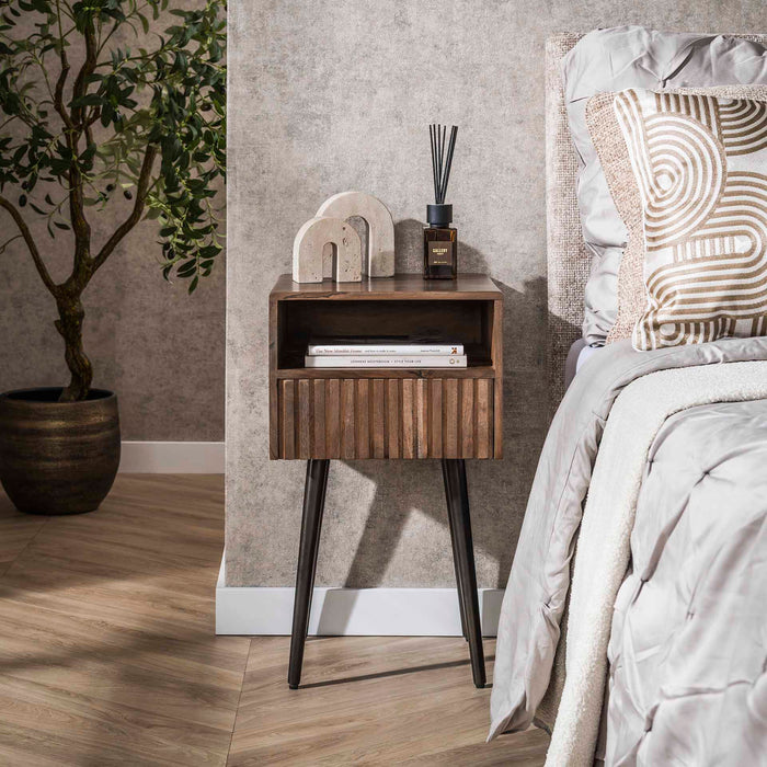 LifestyleFurn Nachtkastje Alania Met 1 lade en open vak, Acaciahout - Massief acacia bruin