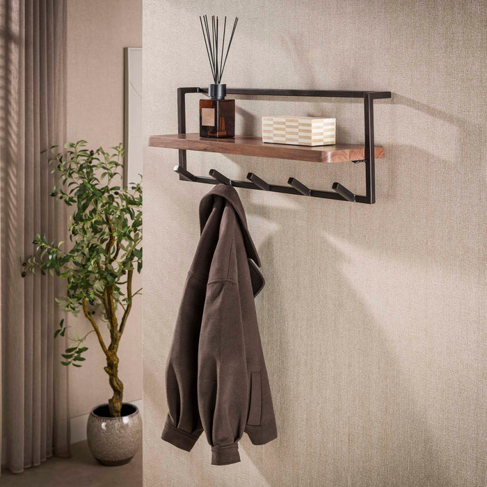 LifestyleFurn Kapstok Robertson Acaciahout, Met 5 haken en plank - Bruin
