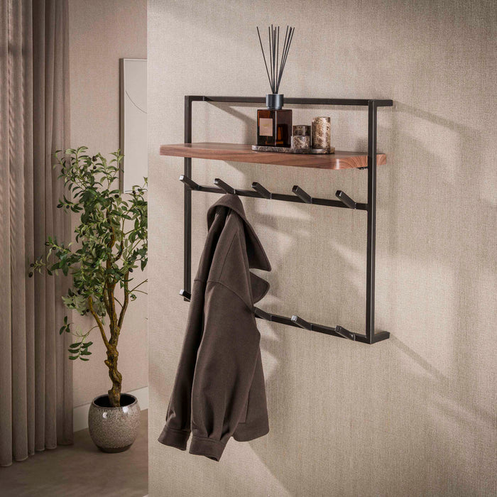 LifestyleFurn Kapstok Robertson Acaciahout, Met 10 haken en plank - Bruin