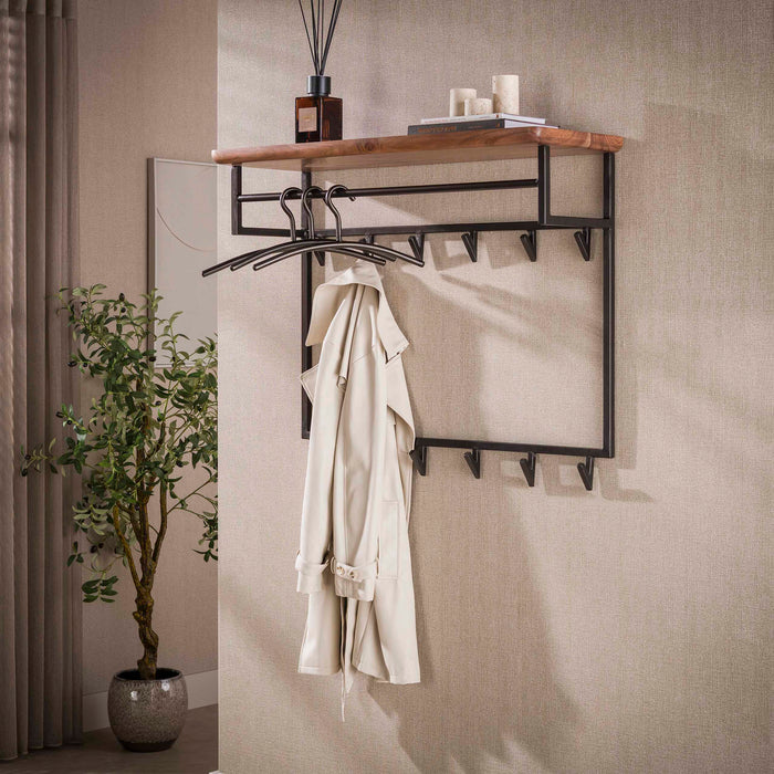 LifestyleFurn Kapstok Lizbeth Acaciahout, Met 12 haken en plank - Bruin