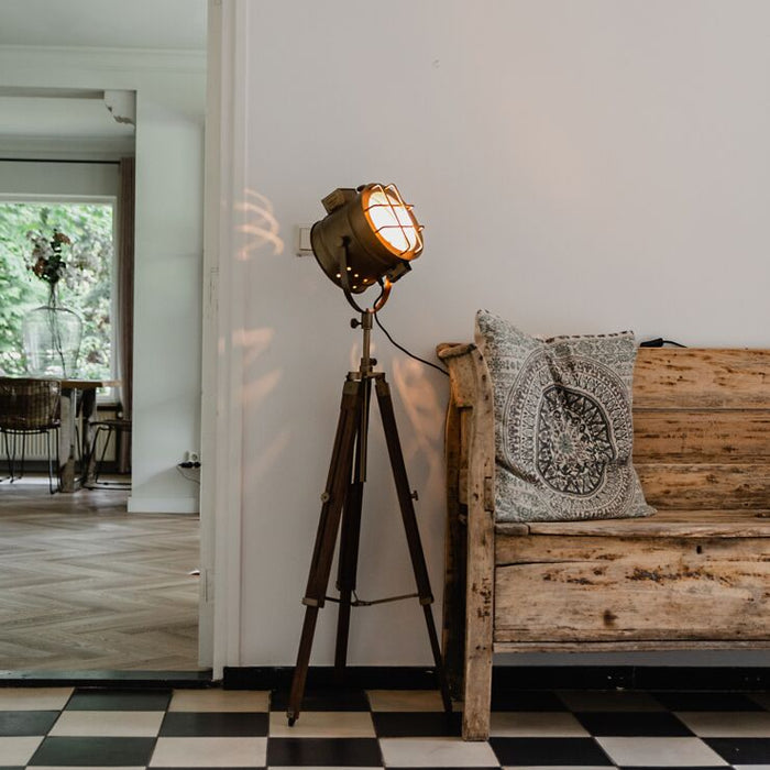 Tripod studiospot vloerlamp brons met hout - Shiny