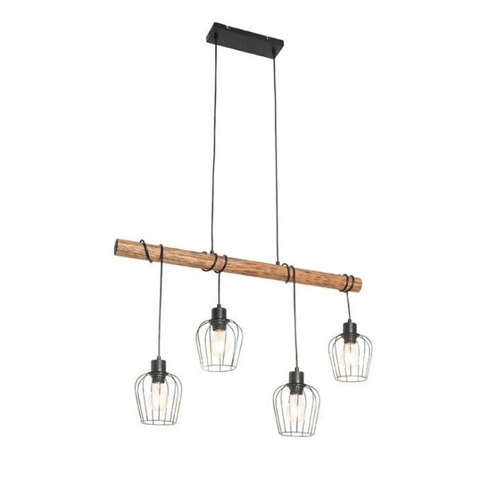 Landelijke hanglamp zwart hout 4-lichts - Stronk