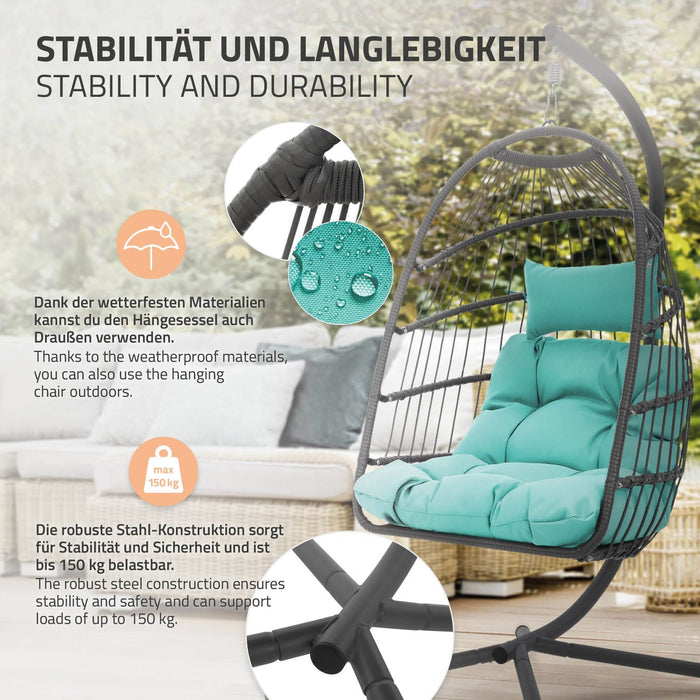 Hangstoel 100x105x195 cm Turquoise Groen Polyester met Frame en Kussen ML-Design - ThatLyfeStyle