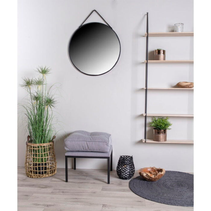 QUVIO Ronde wandspiegel – Staal en kunstleer – Ø 60 cm – Zwart - ThatLyfeStyle