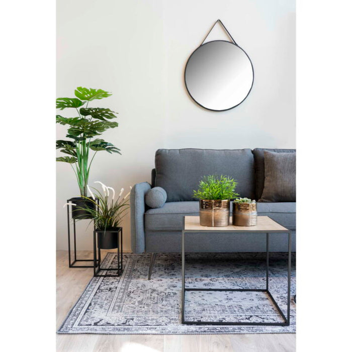 QUVIO Ronde wandspiegel – Staal en kunstleer – Ø 60 cm – Zwart - ThatLyfeStyle