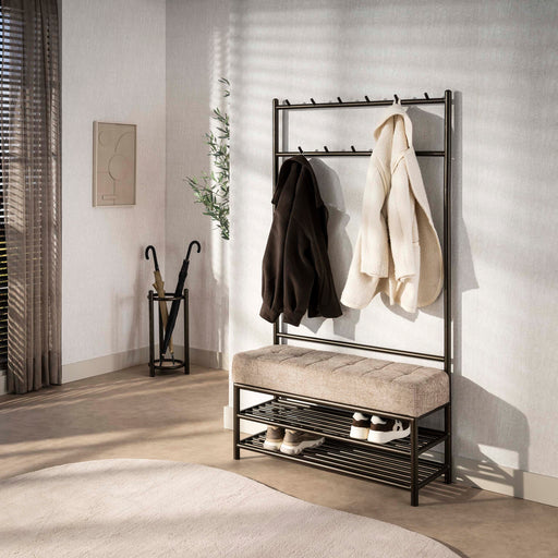 LifestyleFurn Staande Kapstok Karalynn Met 11 haken en bankje, Stof en staal - Bruin - ThatLyfeStyle
