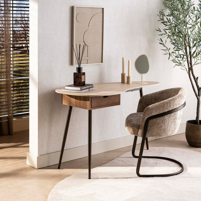 LifestyleFurn Bureau/Kaptafel Jaems Travertin- en eikenlook, 127 x 62cm - Beige
