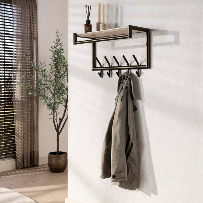 LifestyleFurn Kapstok Markita Staal en travertinlook, Met 2x 5 haken en hoedenplank - Drift Brown