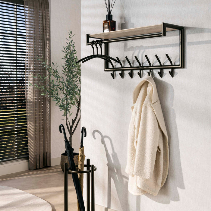 LifestyleFurn Kapstok Markita Staal en travertinlook, Met 2x 7 haken en hoedenplank - Drift Brown