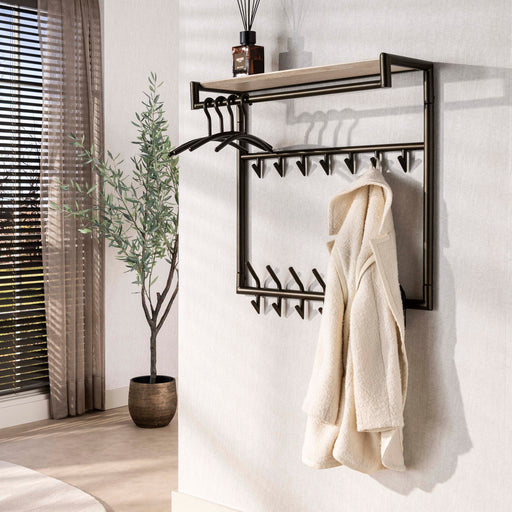 LifestyleFurn Kapstok Markita Staal en travertinlook, Met 3x 7 haken en hoedenplank - Drift Brown - ThatLyfeStyle